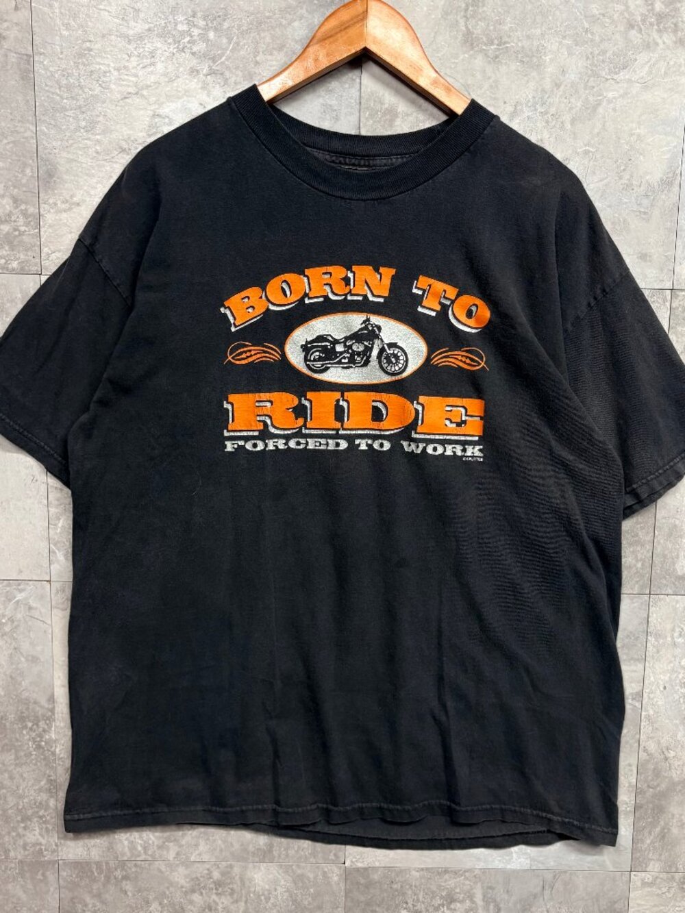 Born To Ride Forced To Work Motorcycle T Shirt Men's XL Black Orange Biker Y2K